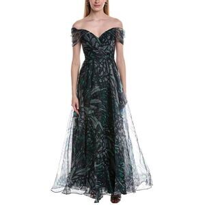 Rene Ruiz Womens  Draped A-Line Printed Organza Gown, Green